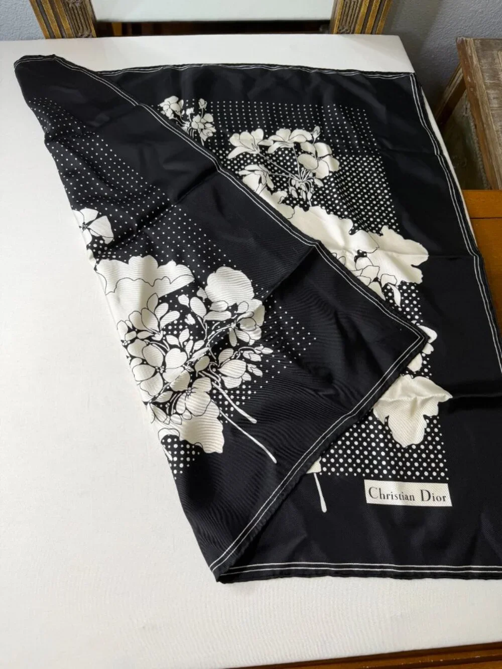 Christian Dior 100% Silk Black Ivory Floral Square Scarf